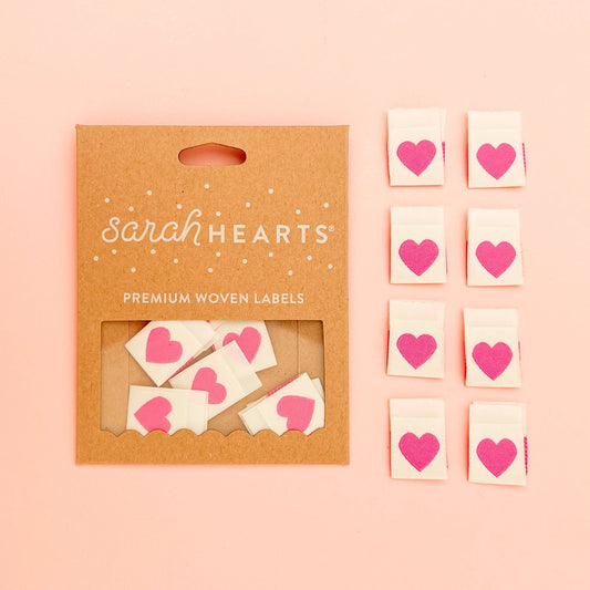 Pink Heart Woven Labels - Sewing Clothing Gift Tags for Sarah Hearts